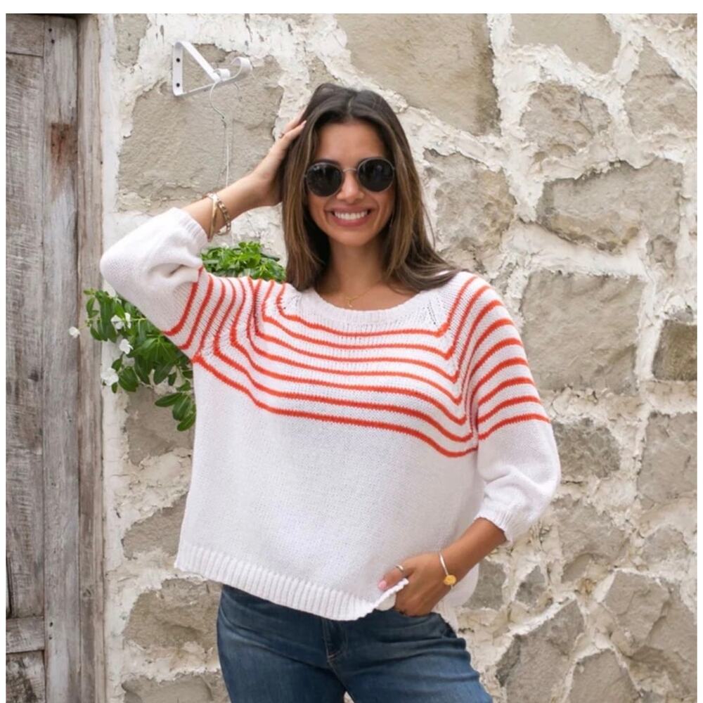 WOODEN SHIPS Breton Striped 3/4 Sleeve Cotton Blend White Red Size S/M